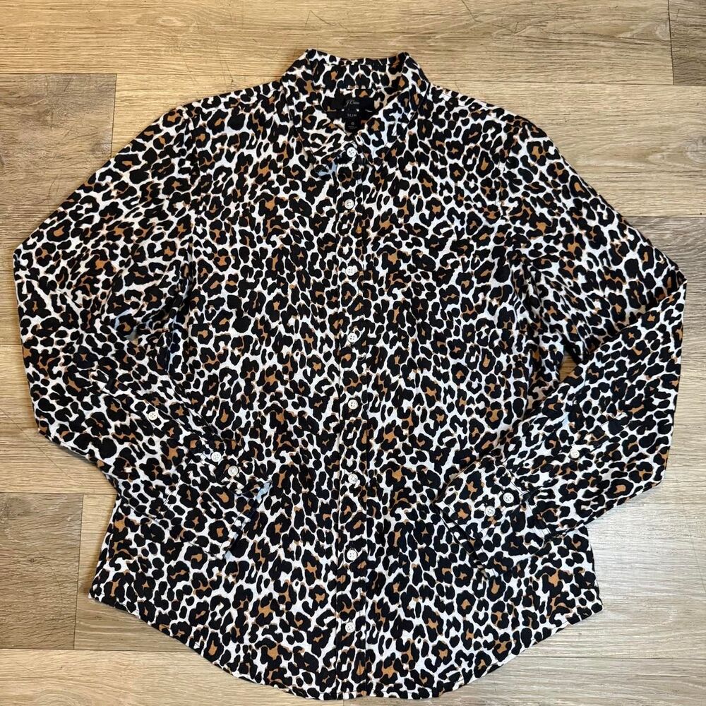 J Crew Linen Cotton Leopard Animal Print Button Down Shirt Blouse Slim Fit Size6